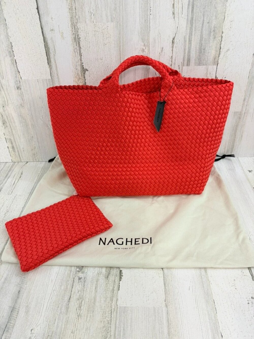 Naghedi St Barths Large Tote Ipanema Red Woven Neoprene with Pouch NWT